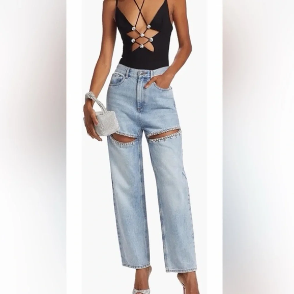 Torn By Ronny Kobo Mariah Jeans Rhinestone Cutout Straight Leg Denim 27/4 - Picture 1 of 9